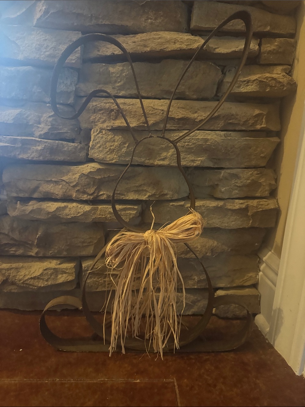 Rustic Metal Bunny Wall Decor with Raffia Bow - Brown